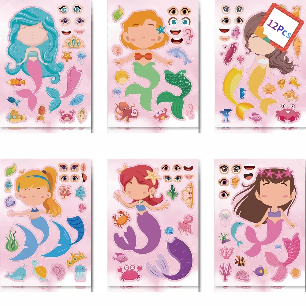 10/12pcs DIY Puzzle Sticker Make Your Own Mermaid Stickers for Kids Educational Toys Party Favor Classic Toys for Girls Gifts