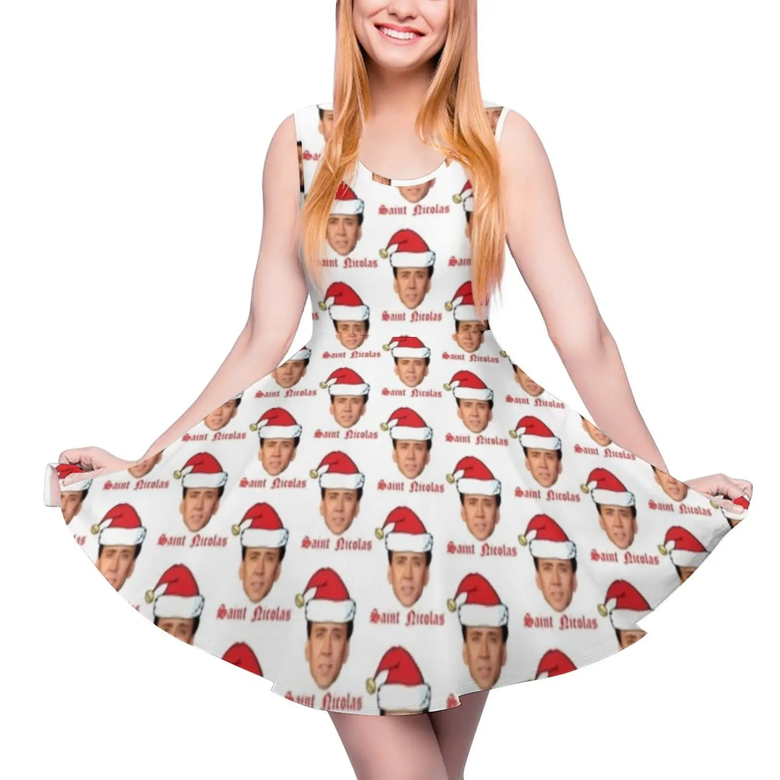 Nicolas Cage Christmas Dress High Waist Saint Nicholas Meme Street Fashion Dresses Summer Lady Oversize Sexy Printed Skate Dress