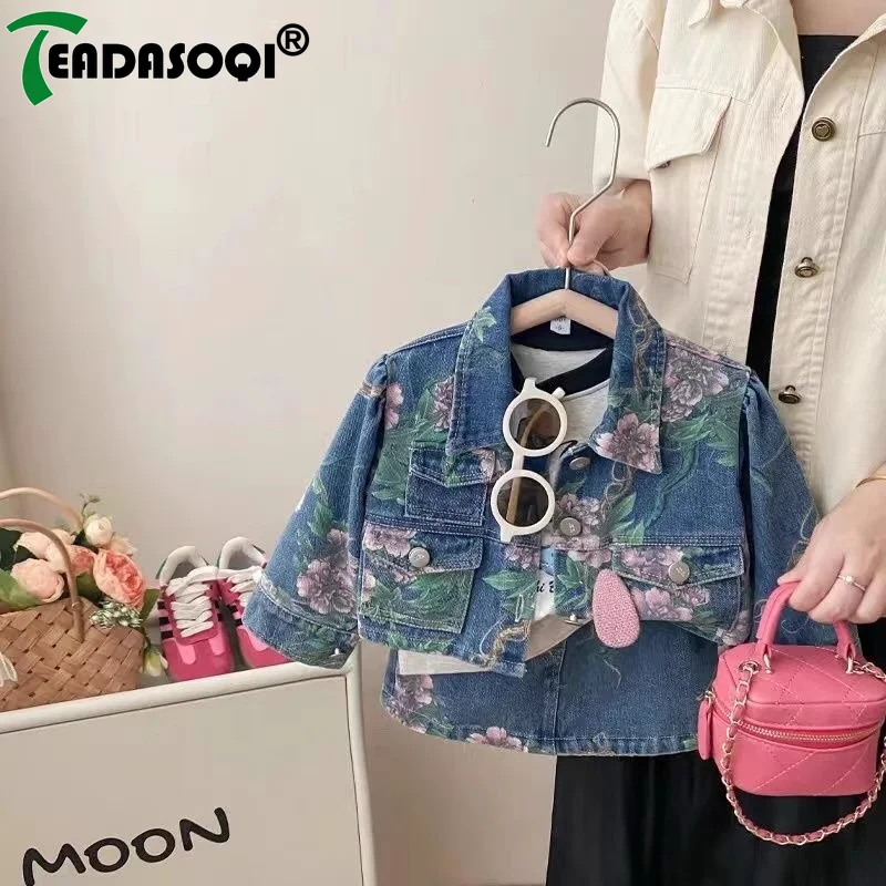 3-8Y Girls Baby Floral Pinted Denim Clothing Suit Jackets+Skirts Fashion Kids Children Flowers Jeans Autumn Clothes 2Pcs Set