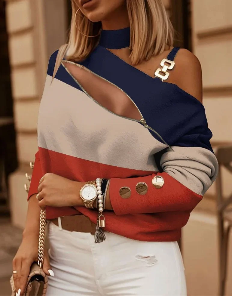 Vintage Pattern Print Women Tops and Blouses Spring One Shoulder Hollow Out Office Shirt Autumn Long Sleeve Chain Strap Pullover