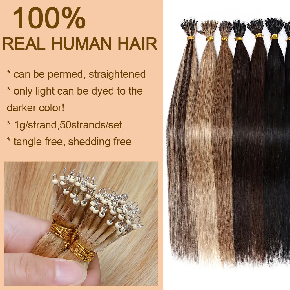 50 Strands Nano Loop Hair Extensions Nano Ring Human Hair Extensions Cold Fushion Tipped Real Hair Micro Beads Links Hairpiece