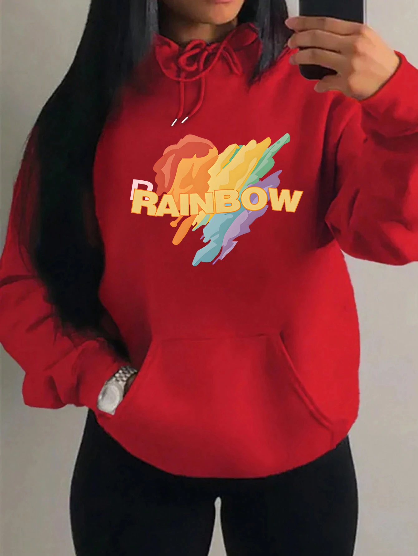 Rainbow Love Colorful Creative Design Design Hoodies Women Pocket Autumn Clothes Fashion Fleece Streetwear Warm Unisex Hoody