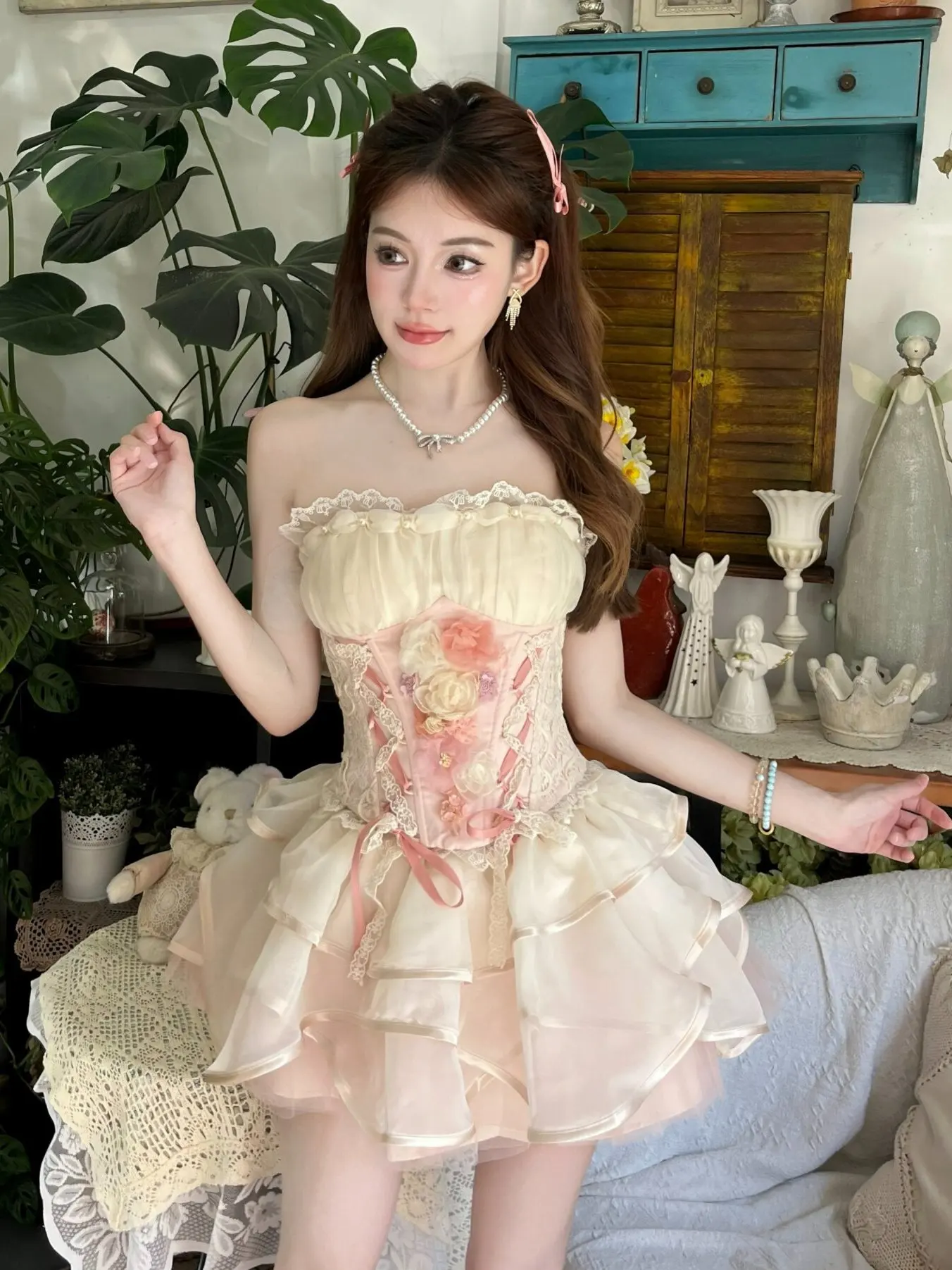 

Модный комплект из кружевного бюстгальтера с двухцветными жемчужинами и юбки-кейк, популярный стиль Forest Closet Girl, короткое платье с высокой талией.