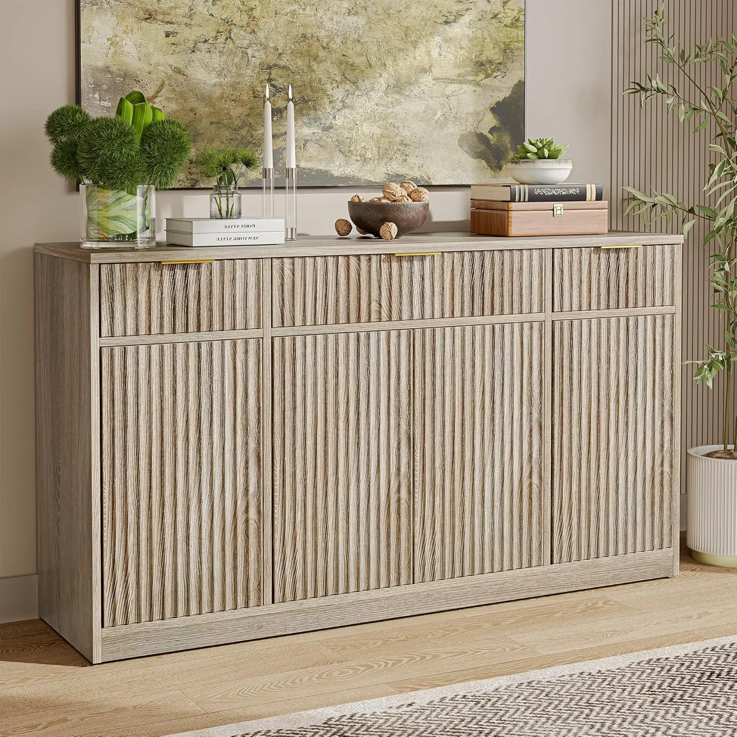 Gabinete buffet estriado grande personalizable con almacenamiento, aparador decorativo de 55", credenza moderna con 4 puertas y 3 cajones Medi