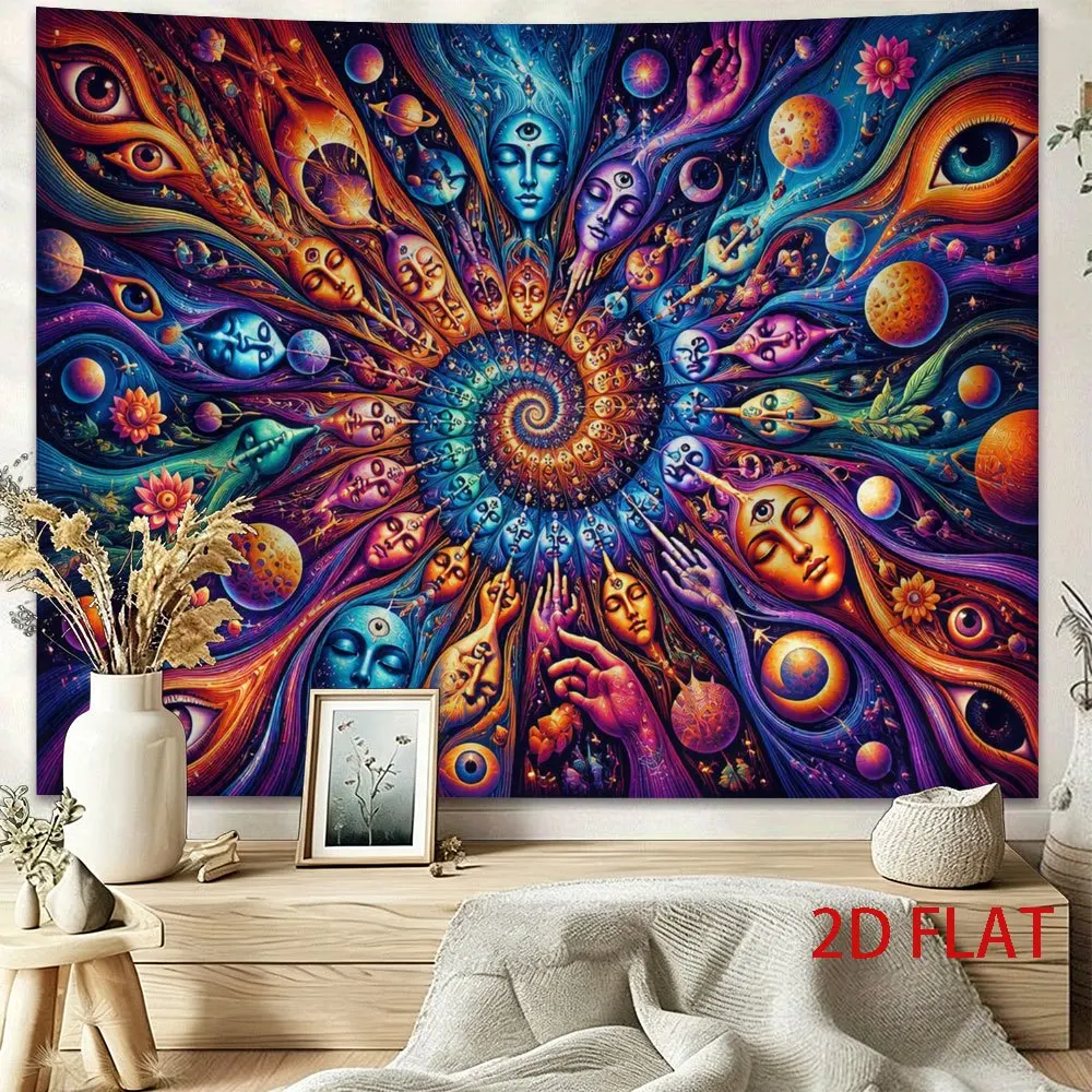 Psychedelic Cosmic Third Eye Tapestry Wall Hanging, Trippy Spiral Planet Meditation Face Art Bedroom Living Room Home Wall Decor