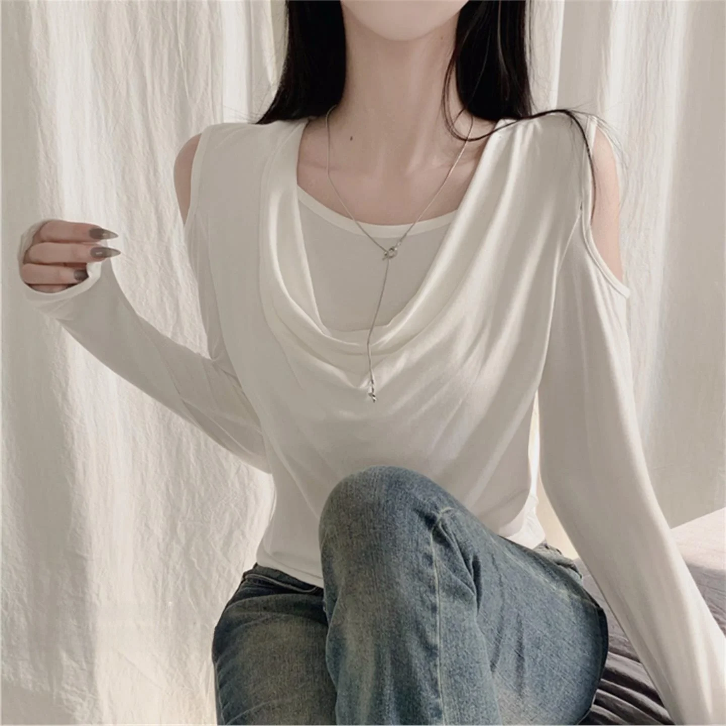 

Faionable Slim Fit Long Sve Pure Color T-irt oulder Bared Design Commute Sle Korean Version Spring Autumn Ladies Top