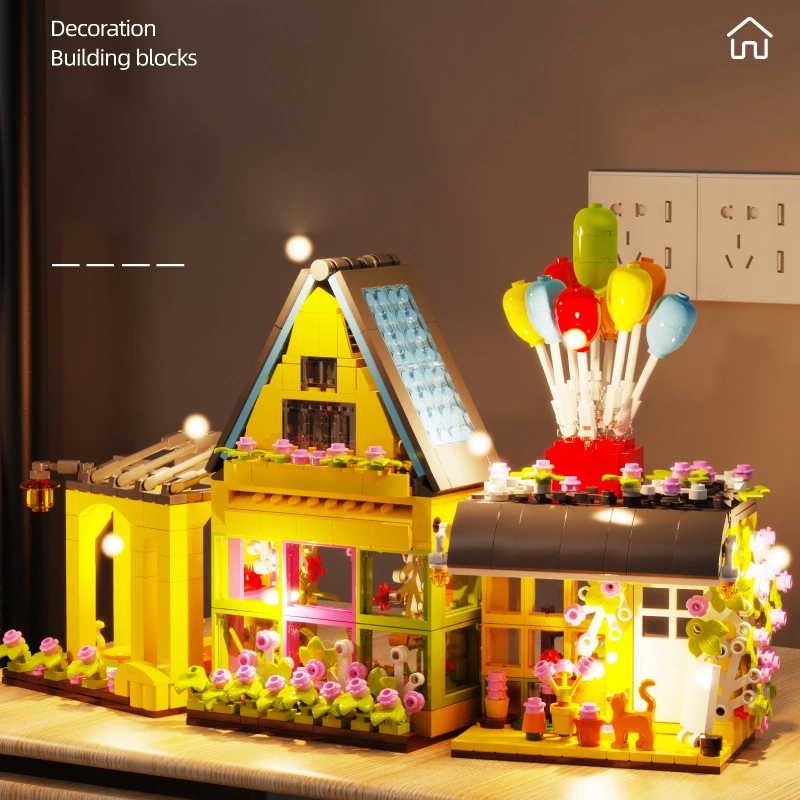 Kreative Stadt Straßen ansicht Architektur Blumen haus Baustein Straßenbild Modell Ziegel montieren Spielzeug mit Licht für Kinder Geschenk