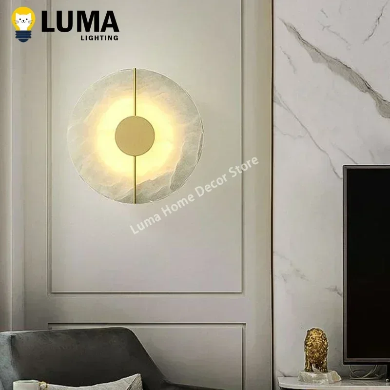 

Modern Luxury Marble Solid Copper Wall Light - Circle Alabaster Marble Wall Sconce for Bedroom Bedside Aisle Corridor Home Decor