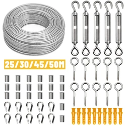 56pcs/Set Camping Clothesline PVC Coated Flexible Steel Wire Rope Stainless Steel Guardrail Safety Rope 25/30/45/50M