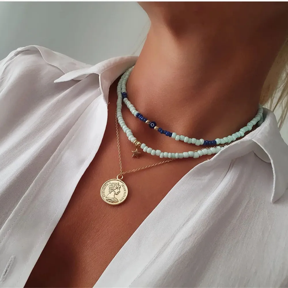 Vintage Blue White Bead Chain Eye Starfish Head Coin Pendant Necklace For Women Boho Fashion Ethnic Multilayer Baroque Jewelry