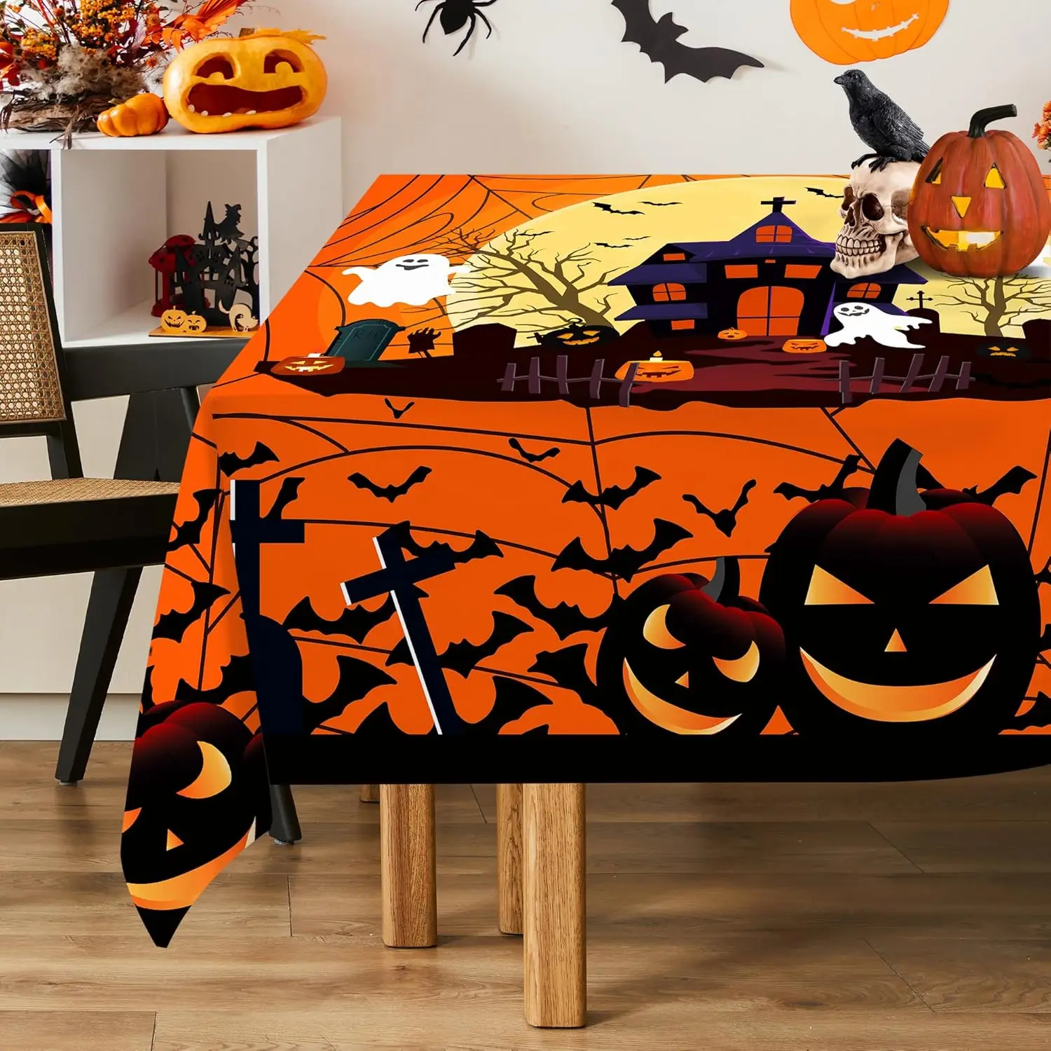 Halloween Spider Web Pumpkins Rectangle Tablecloth Party Decor Reusable Orange Waterproof Tablecloth Halloween Decorations