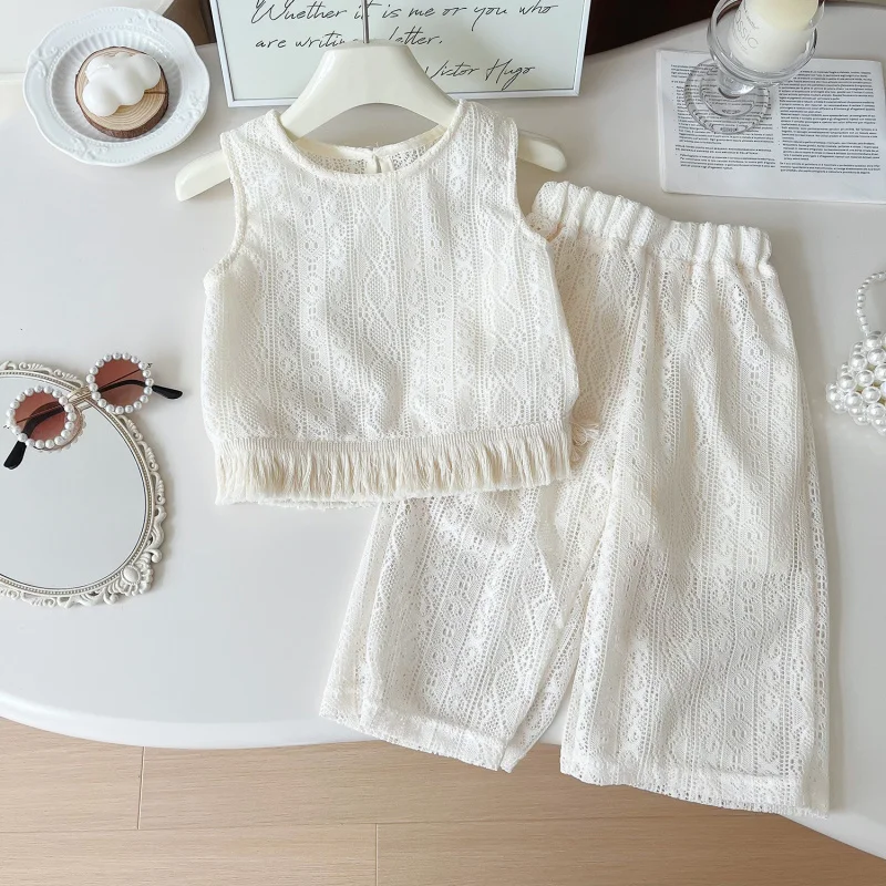 

2025Girls' Summer New Korean Style Lace Mesh Vest and Pants Set, Fresh and Cute Two-Piece Set