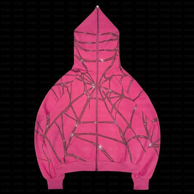 Zipper Lightning Print Rhinestone Bling Women Hoodie Hip Hop Gothic Oversized Y2k United State Retro Sweatshirt Streetwear