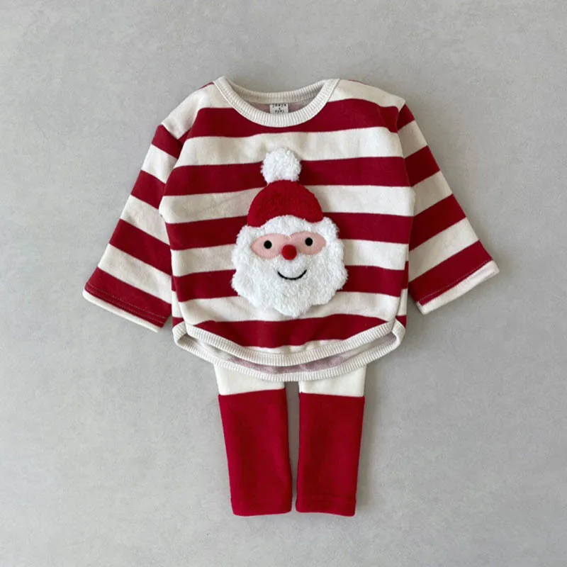 Autumn Winter Kid Patch Santa Claus Striped Long Sleeves T-shirt Girl Infant Cotton Love Casual Tops Boy Children Christmas Tees