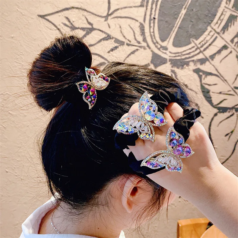 

New Fashion High-grade Shining Zirconia Rhinestone Hair Ropes Ties Holder For Women Ladies Elegant Butterfly Elastic Hair Bands