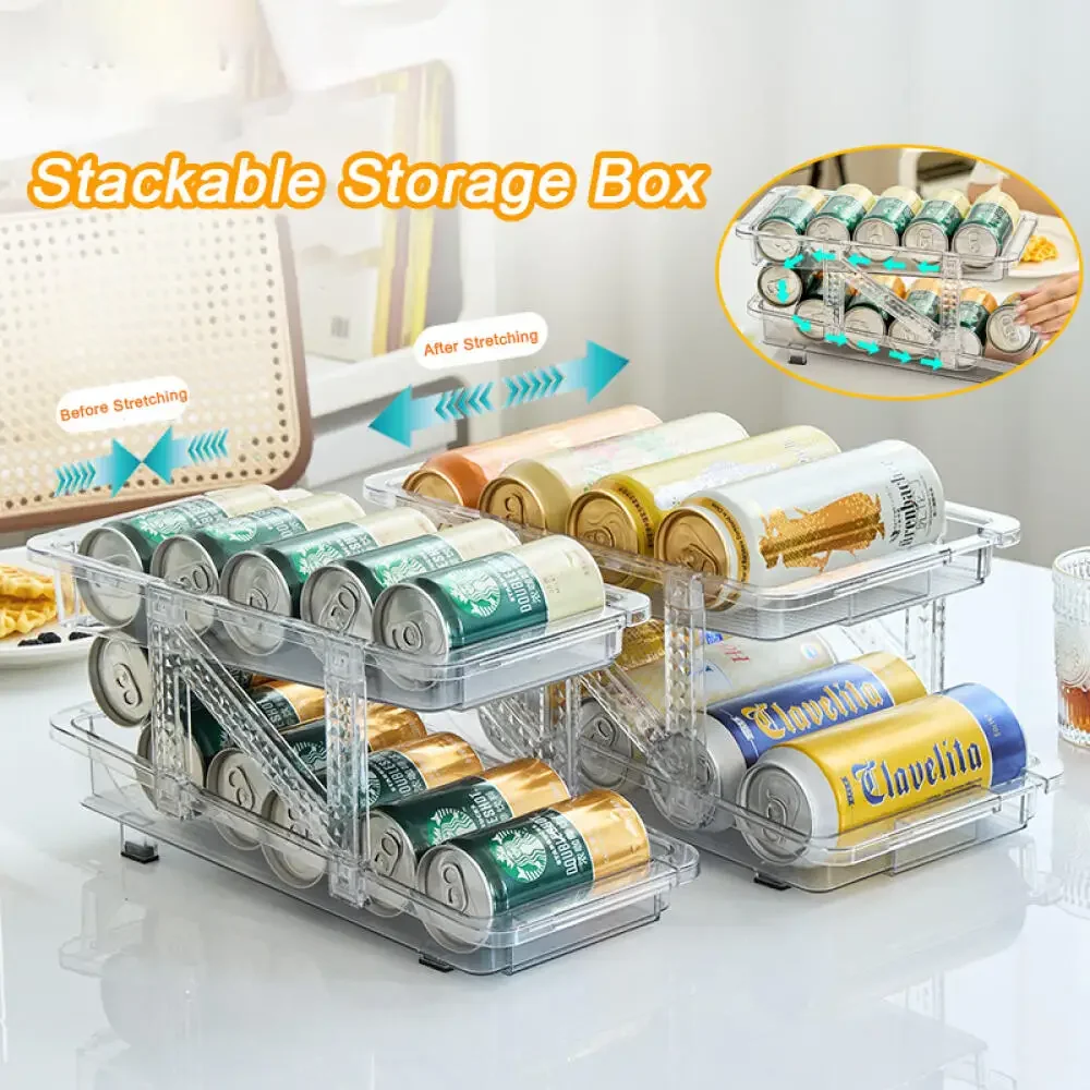 2 Layer Expandable Storage Box Refrigerator Beverage Can Organizer Automatic Rolling Beer Dispenser