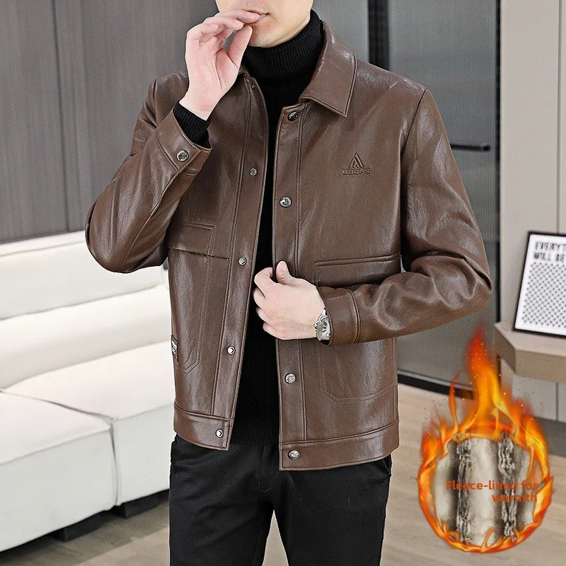 

Высококачественная кожаная куртка с флисовой подкладкой, осенне-зимняя, винтажная, мужская, ветрозащитная, с длинными рукавами, для повседневной носки, модная