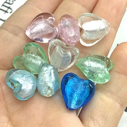 15MM Clear Candy Color Silver Foiled Murano Heart Lampwork Glass Loose Beads For Making Handmade Diy Love Earring Accessories