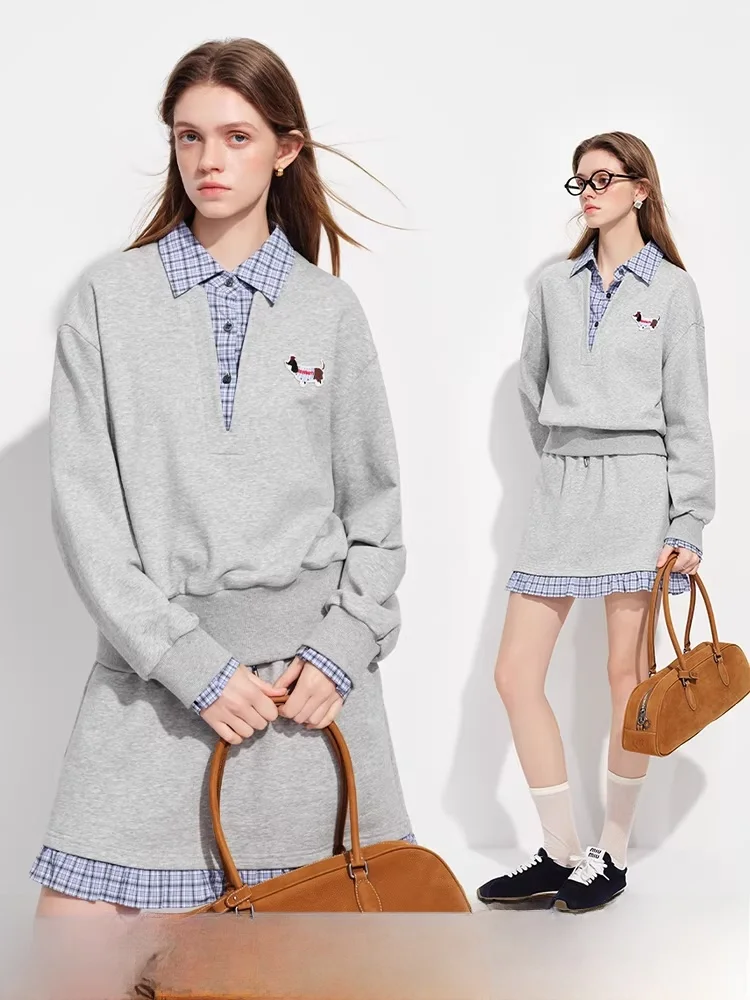 

Miu Series College Sle Plaid Patchwork Sweatirt Set Women's Spring 2026 New Faion High Waist Cotton Long Sve