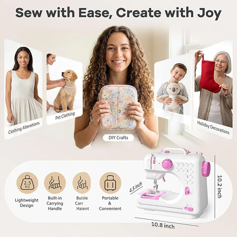 Pink home electric sewing machine suitable for beginners, with 12 stitch patterns, anextension table, and a set of advanced