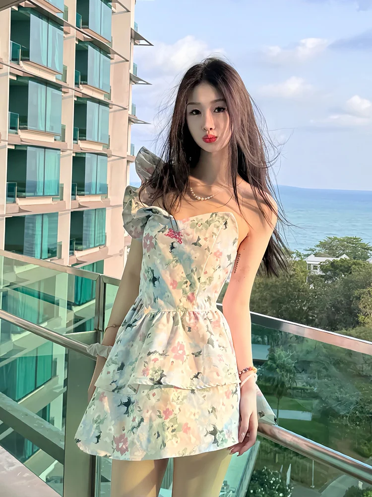 Romantic Floral Halter Neck  Dress Women's A-Line Skirt Style Vacation Wear Casual Commute Korean Style plus Size