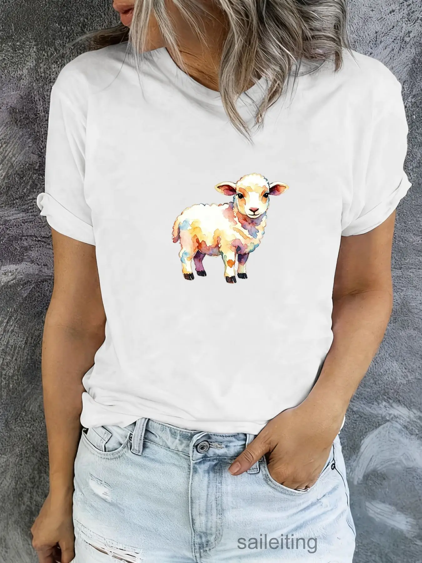 Cute Watercolor Lamb Sheep T-Shirt Women Men Pastel Yellow Pink Blue Short Sleeve Crew Neck Casual Summer Breathable Tee Gift