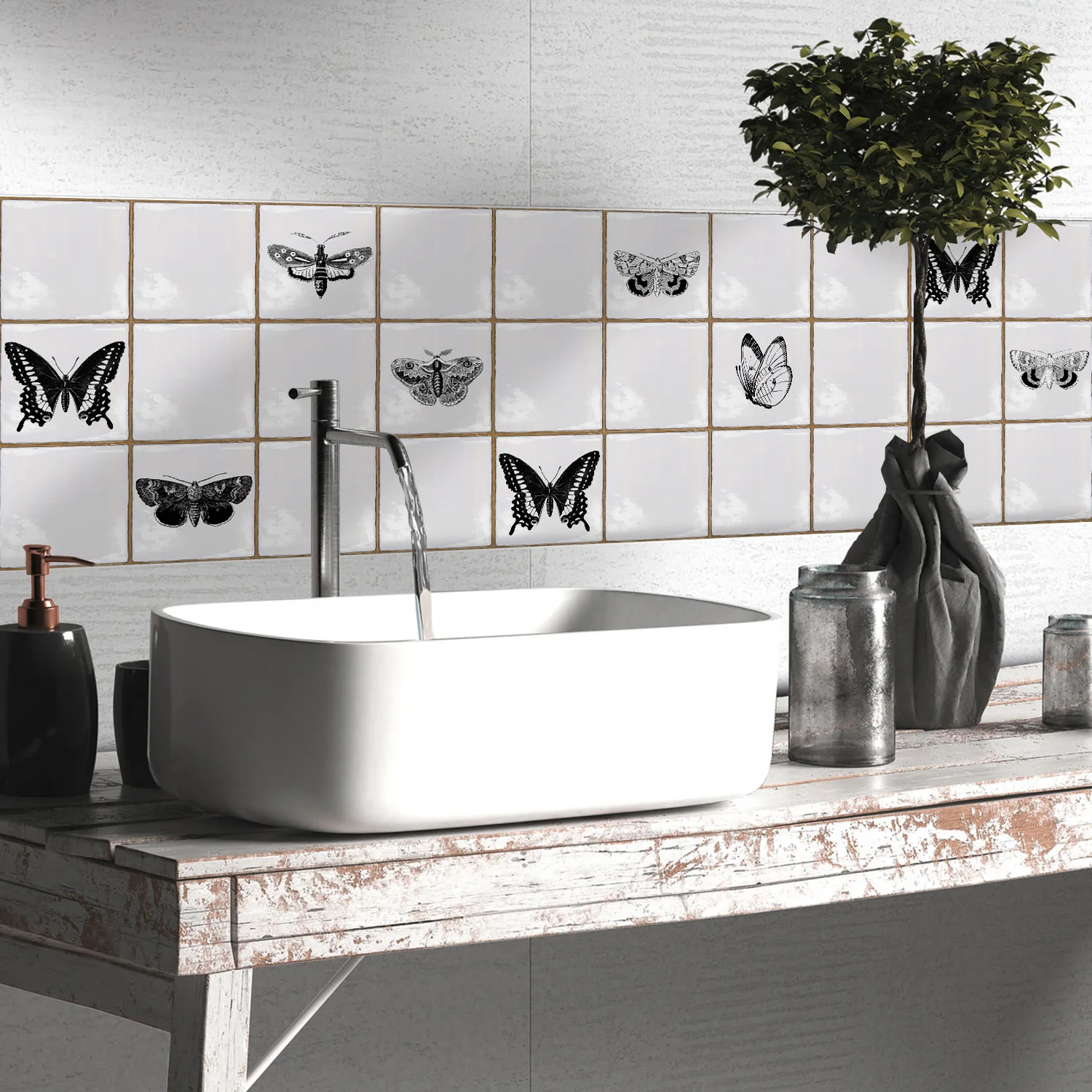Retro Butterfly Hand-Painted Brick Seam Stickers Wall Stickers Kitchen Bathroom Crystal Thickeneded Waterproof and Moisture-Proo