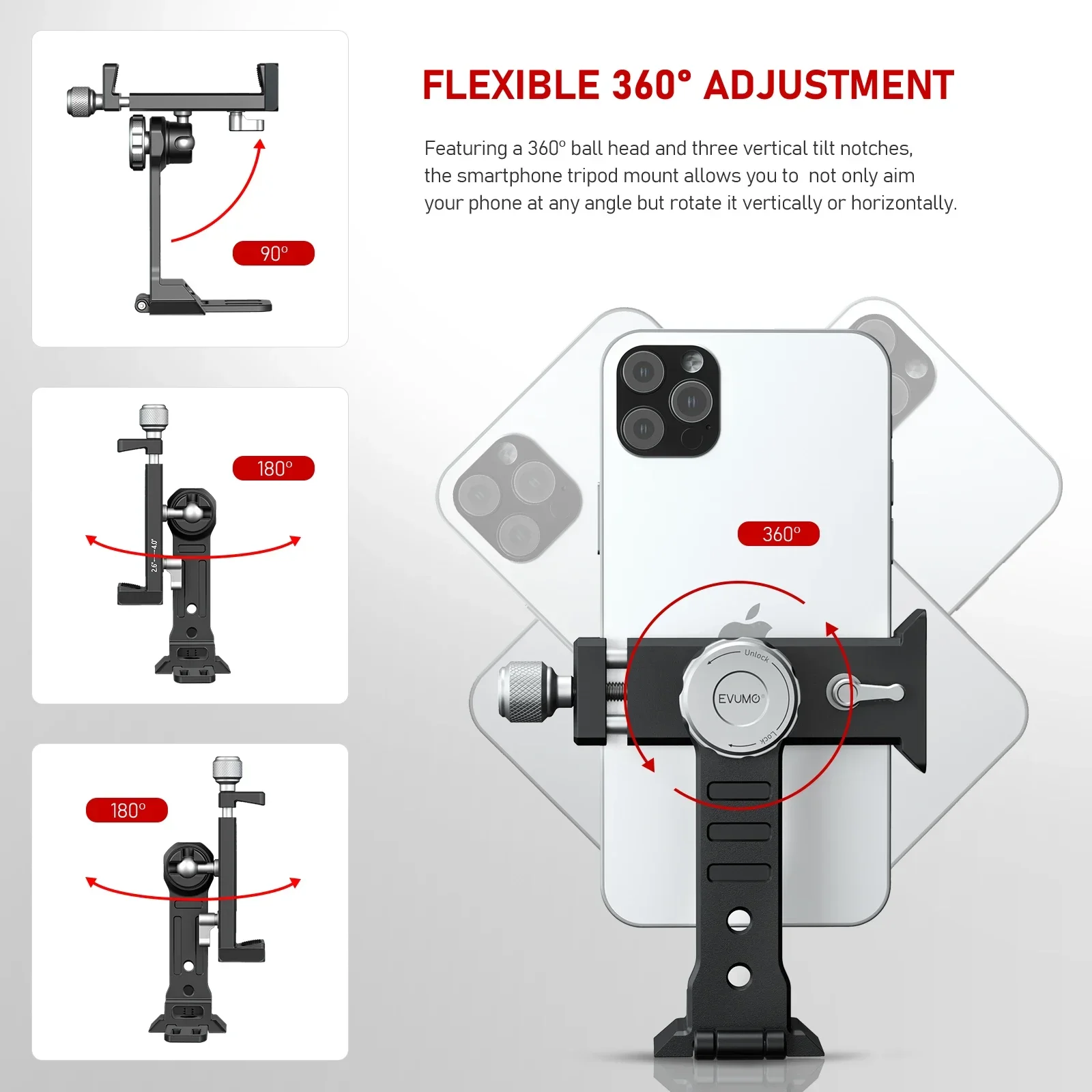 EVUMO PM6 Metal Phone Holder Tripod 360° Rotate Cold Shoe Mount Arca Swiss Quick Release Plate Clamp for iPhone DSLR Camera Mic