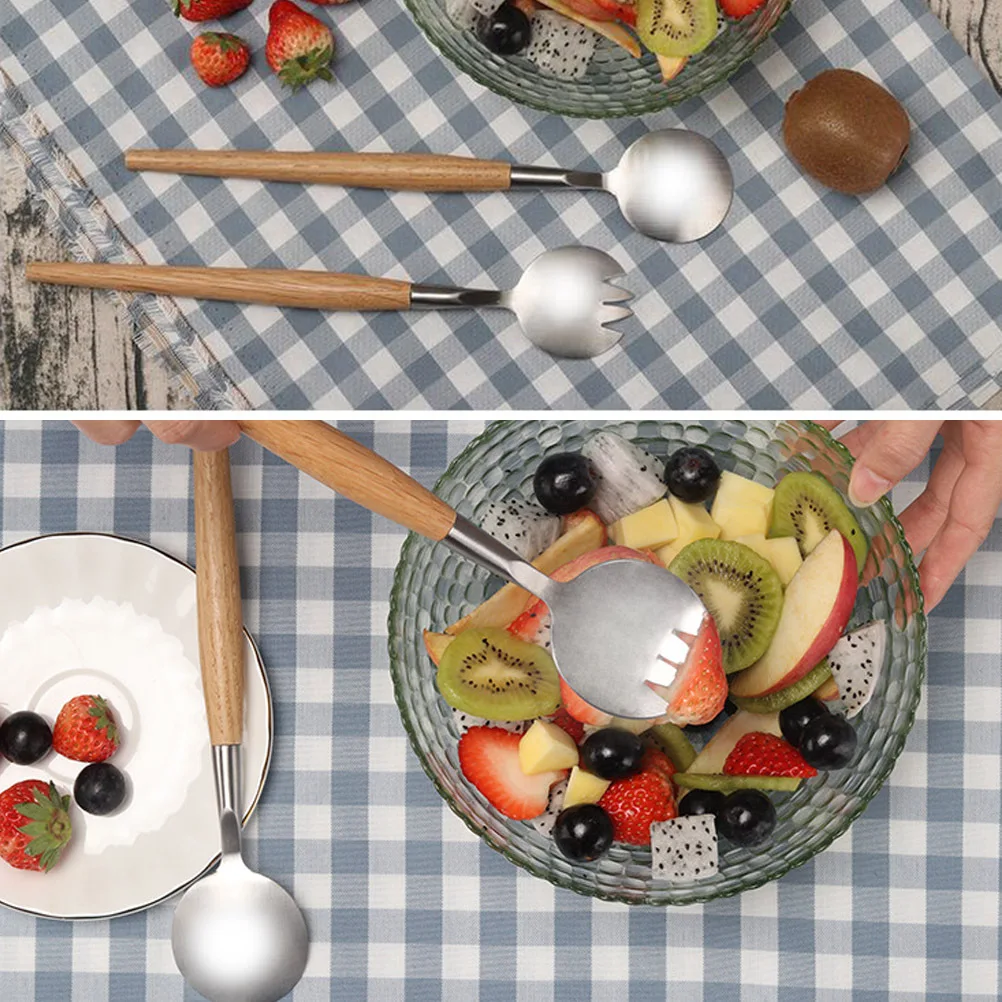 

2Pcs Salad Fork Spoon Set Stainless Steel Wood Tableware Classic Design Comfortable Wash Salad Servers for Any