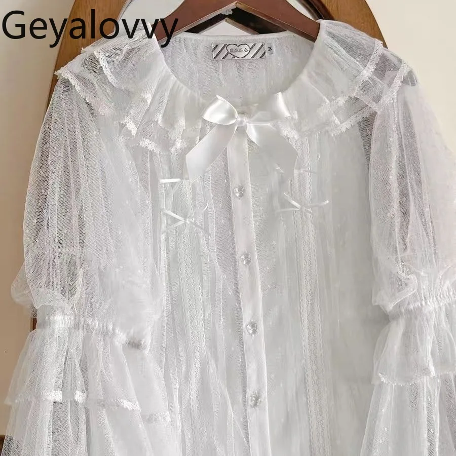 لوليتا الحلو لطيف الفتيات تنوعا قميص طويل الأكمام النمط الياباني بلون بلوزة جولة الرقبة Bowknot القمم الداخلية للنساء #6