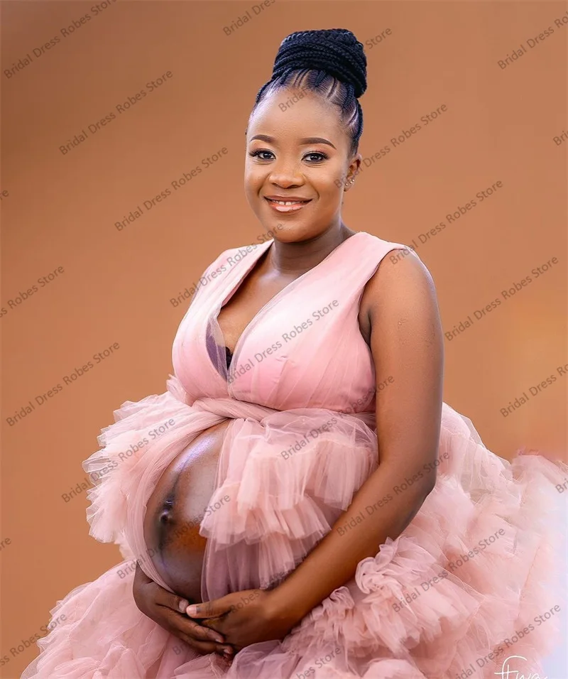 Pink Ruffles Tulle Women Pregnant Pajamas Bridal Wedding Dresses Photo Shoot Custom Made Sexy V Neck Sleeveless Prom Party Robe