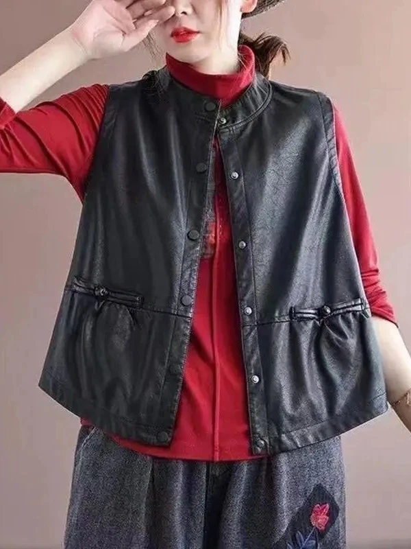 

Женский жилет из искусственной кожи с пуговицами в стиле ретро, свободный повседневный открытый кардиган, жакетный топ, круглый, на одной пуговице, несколько кетов