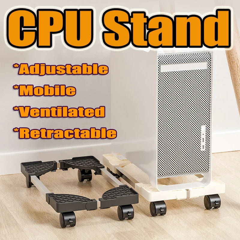 Adjustable Computer Tower Stand Ventilated Mobile Cpu Stand Fits Most PC Mainframe Bracket with 4Caster Wheels Under Desk Holder