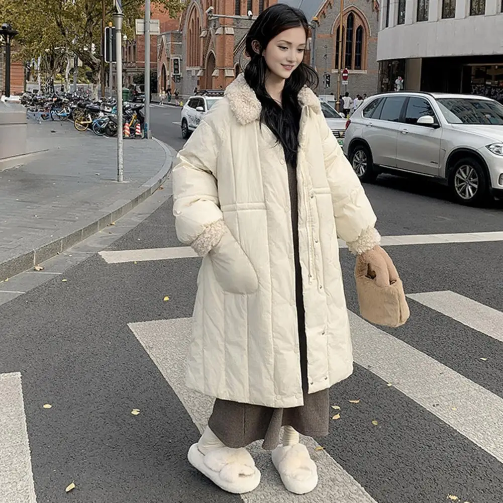 Winter Cotton Coat Thickened Single-breasted Turn-down Collar Padded Outerwear Loose Calf Length Long Sleeves Overcoat