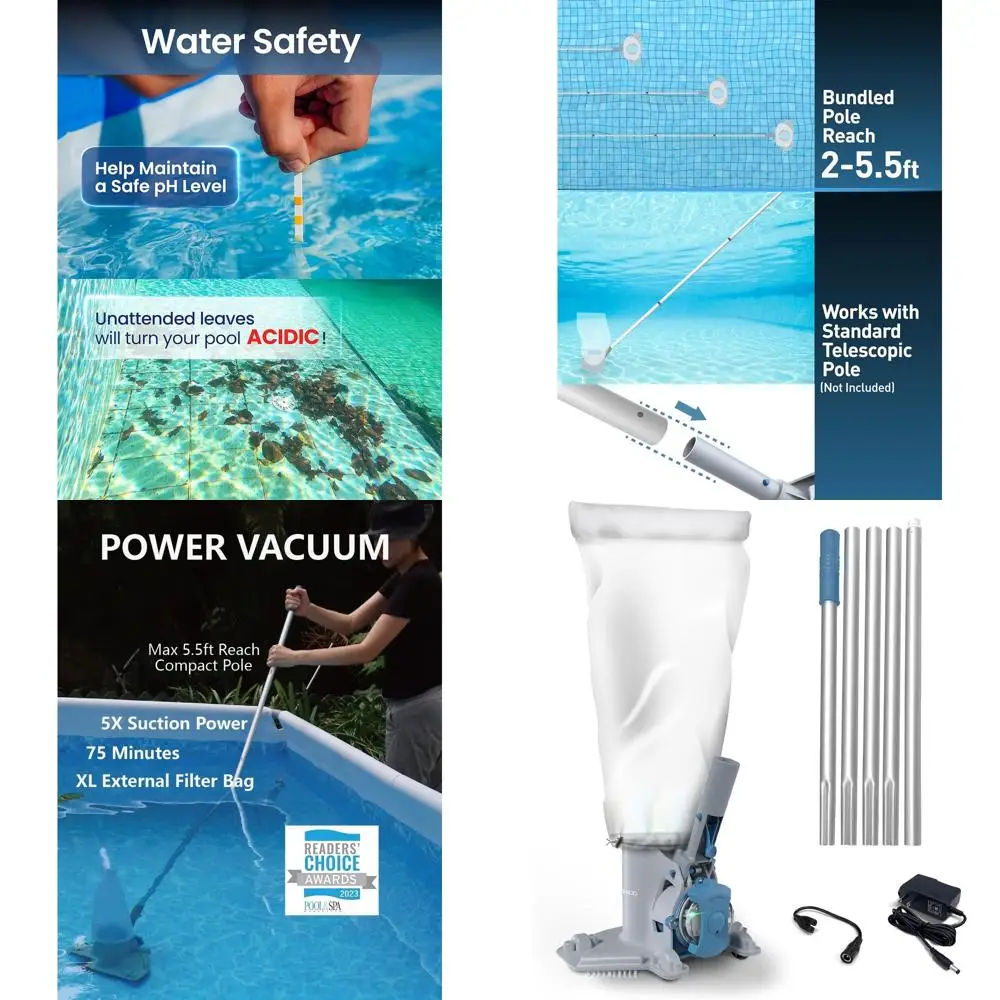 Medium-Duty Rechargeable Pool Vacuum Cleaner with Pole, 75-Minute Run Time, Suitable for Pool Closing, Large Debris Filter, Idea