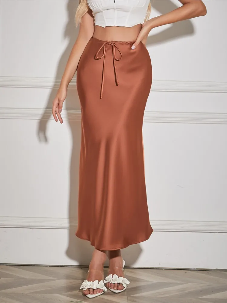 

Elegant Solid Color Skirt For Women Fashionable Spring Summer High Quality Satin High Waist Drawstring Long Skirt For Women