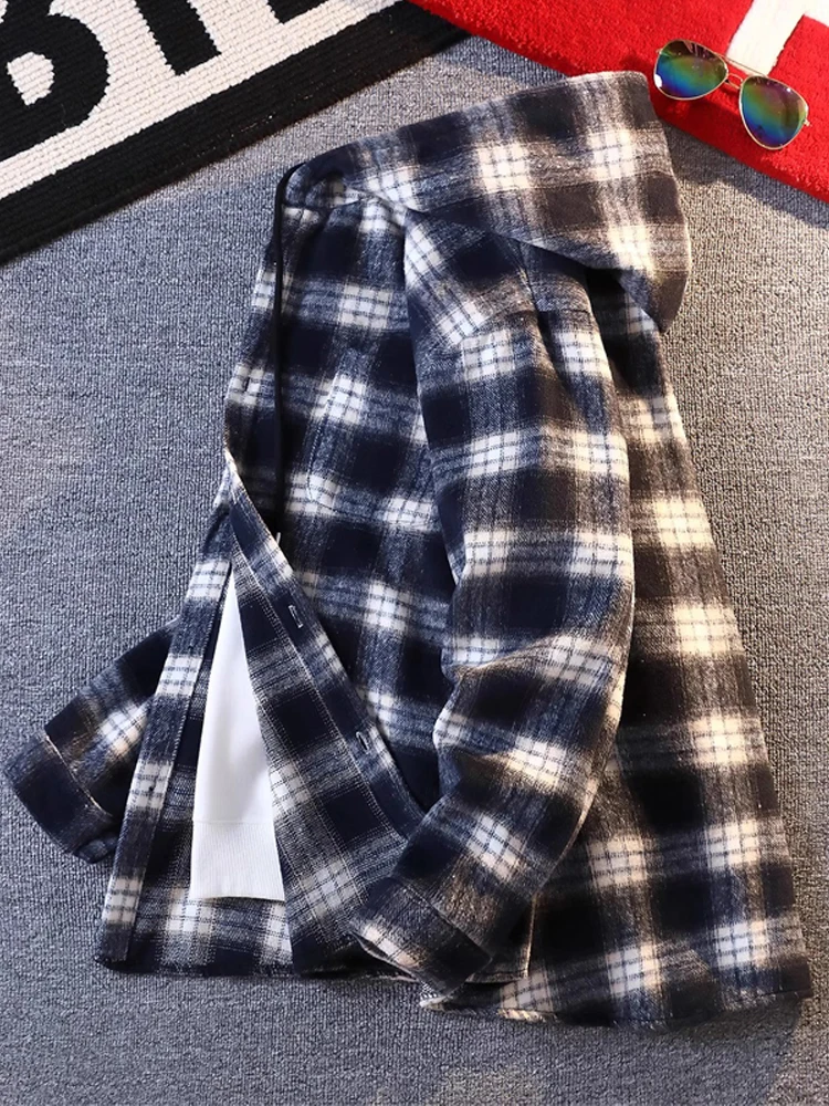 

Мужская свободная рубашка-куртка Laid-ba в клетку с капюшоном, на пуговицах, с длинным рукавом, для пар, повседневная, осенне-весенняя, новинка