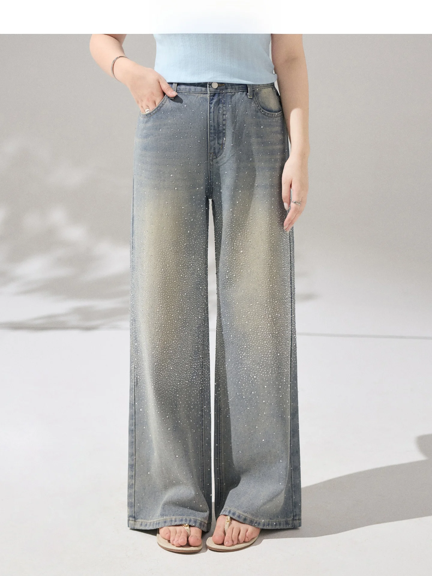 

High Waist Glittering Retro Denim Jeans Women's Straight Leg Diamond Pred Blue Wide Leg Pants Cotton Elastic Fabric
