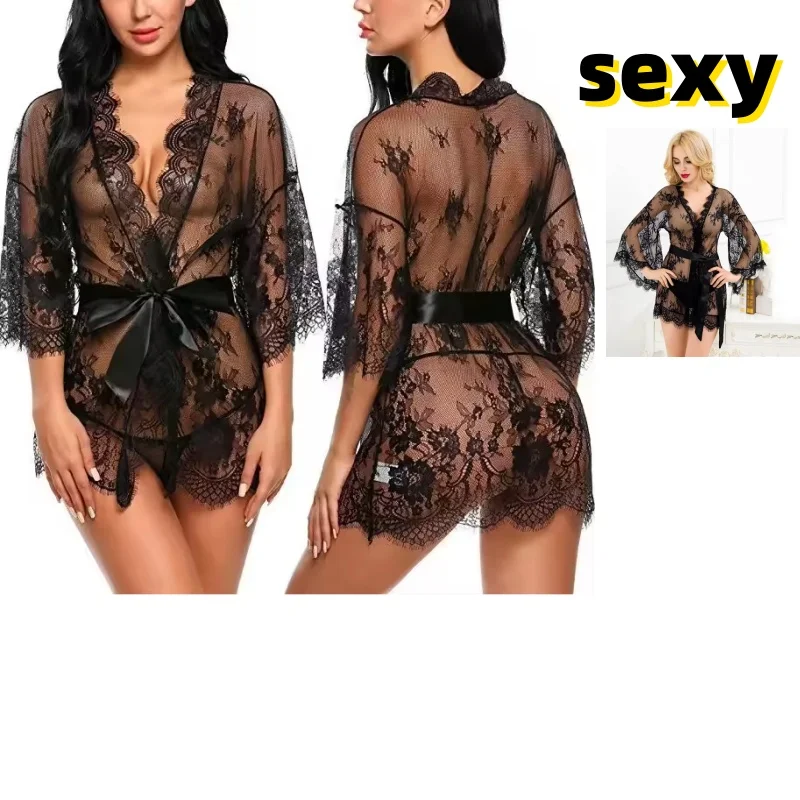 

Women's Sexy Lace Robes Sexy Long Lingerie Soft Comfortable Sleepwear Nightwear Lady's Bathrobe Dress See Through Sheer Pajamas