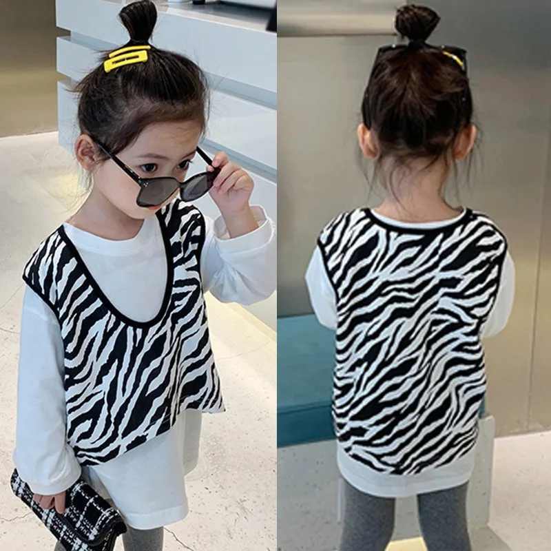 Spring Children Two Piece Clothes Long Sleeve Loose Bottom Shirt+Striped Vest Girls Pure Cotton Soft Skin-Friendly Suits 4-8Y