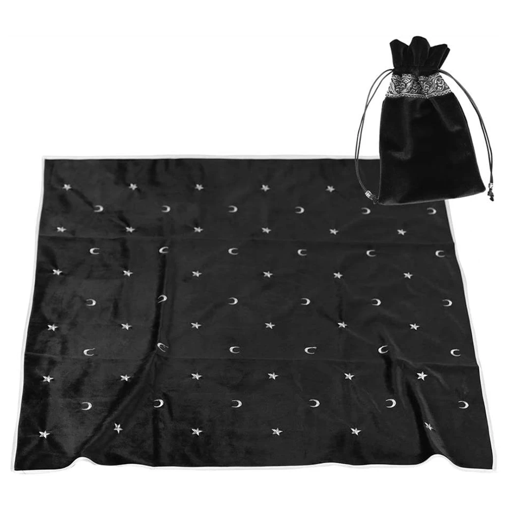 Toalha de mesa de tarô de altar, toalha de mesa de adivinhação de tarô de veludo com cartas de tarô, bolsa de jogo, toalha de mesa bordada de estrelas preta