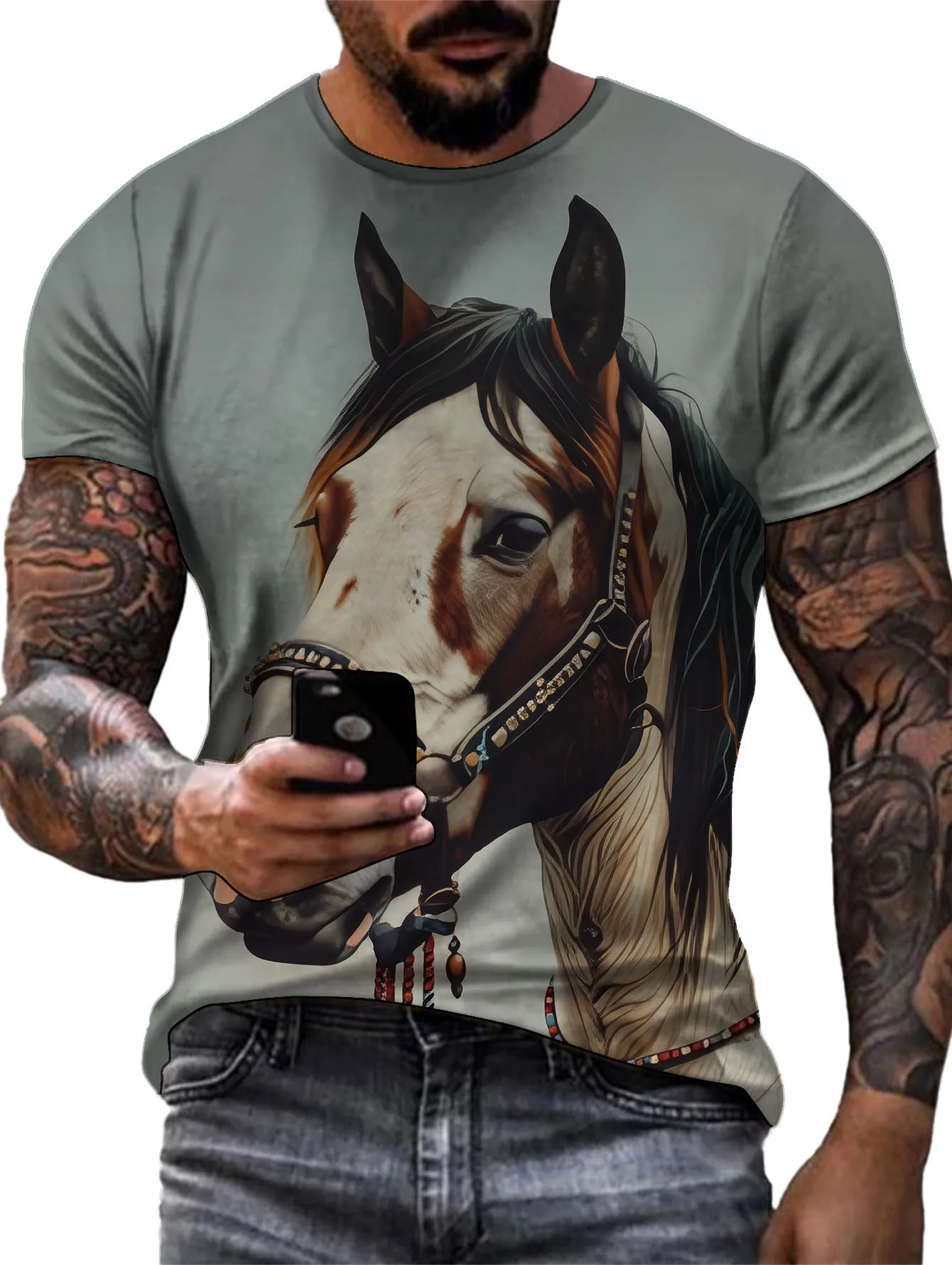 Summer animal 3D printed horse T-shirt casual top round neck short sleeved Harajuku men's comfortable oversized clothing