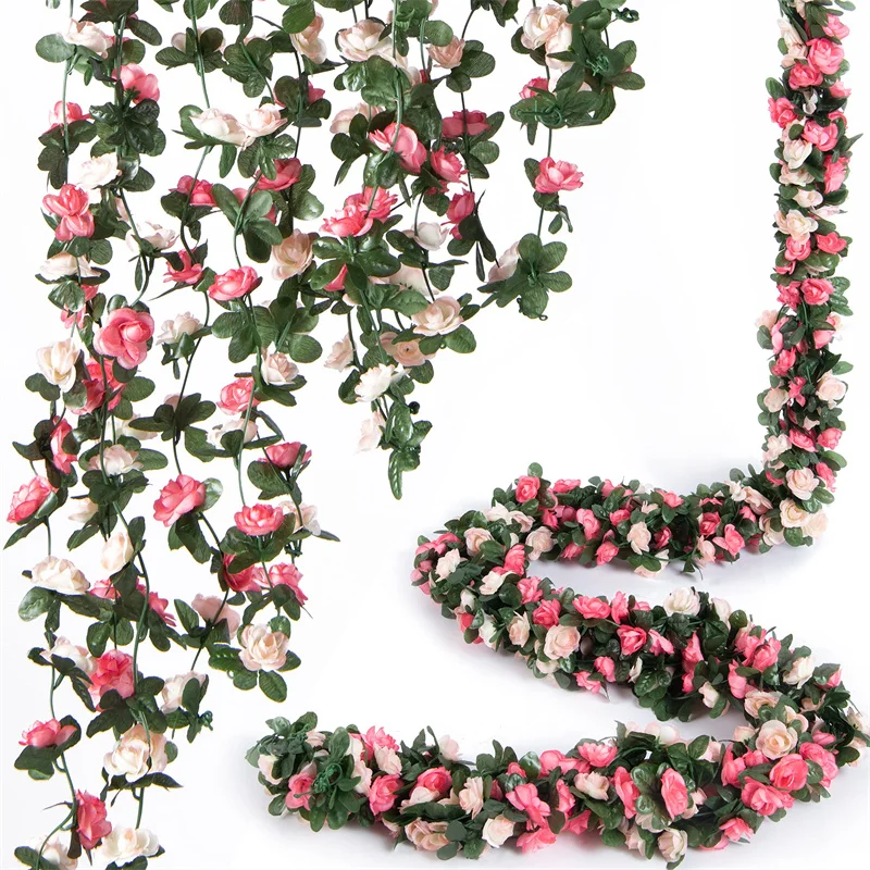 8,2 Fuß rote Rose, künstliche Seidenblumengirlande, Hochzeitsdekoration, künstliche Blumen für Zuhause, Raumdekoration, Herbst, künstliche Rebepflanze, Rattan – Detail 1