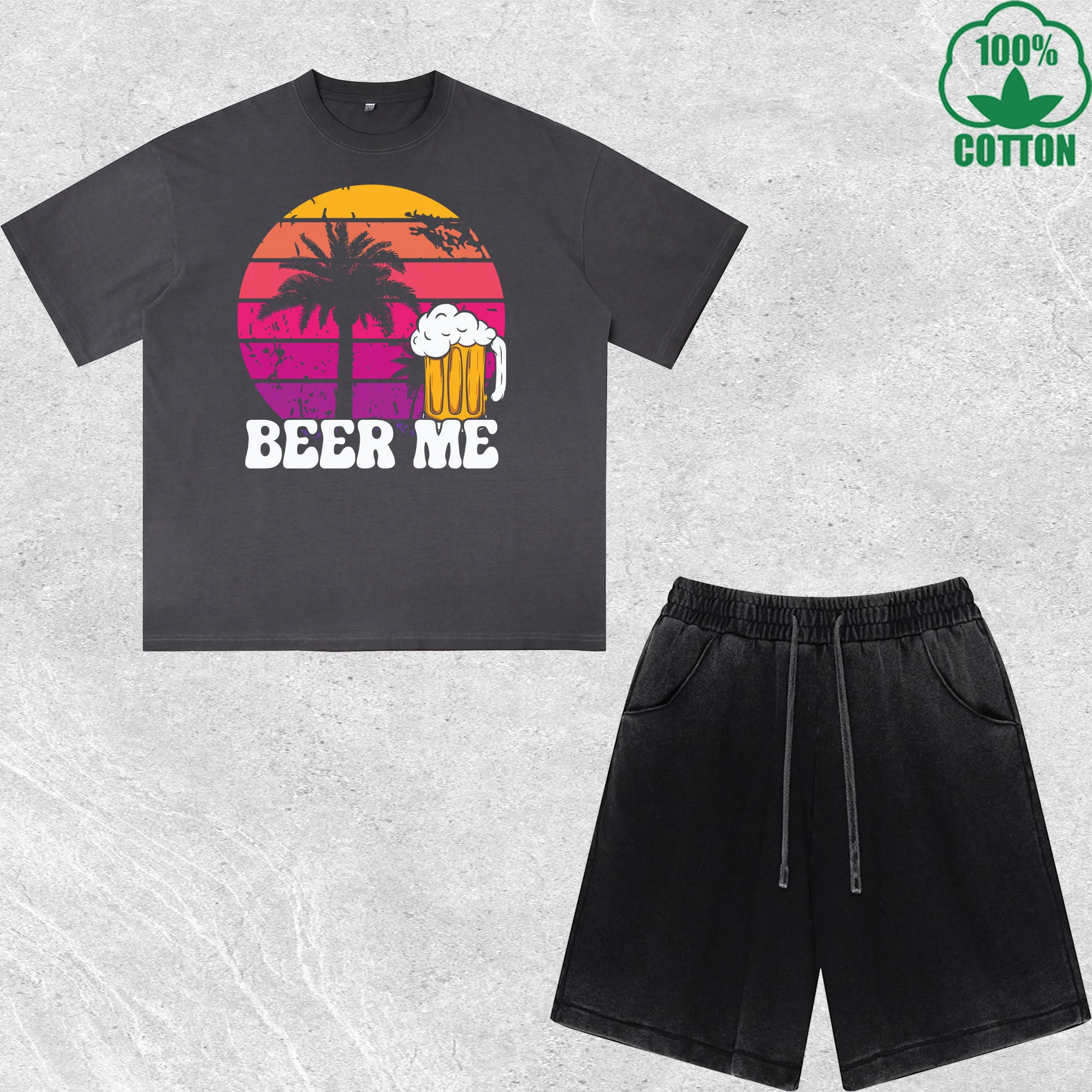 

Beer Me Printed Dirty Wash T-Shirt Shorts Set Multicolor Combo Loose Trendy Fashionable 100%Cotton