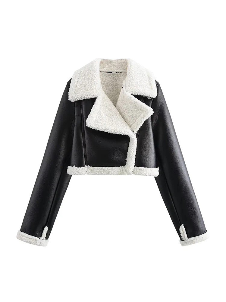 

European style new women's fashionable and versatile short leather and fur jacket, perfect for a sexy biker look.