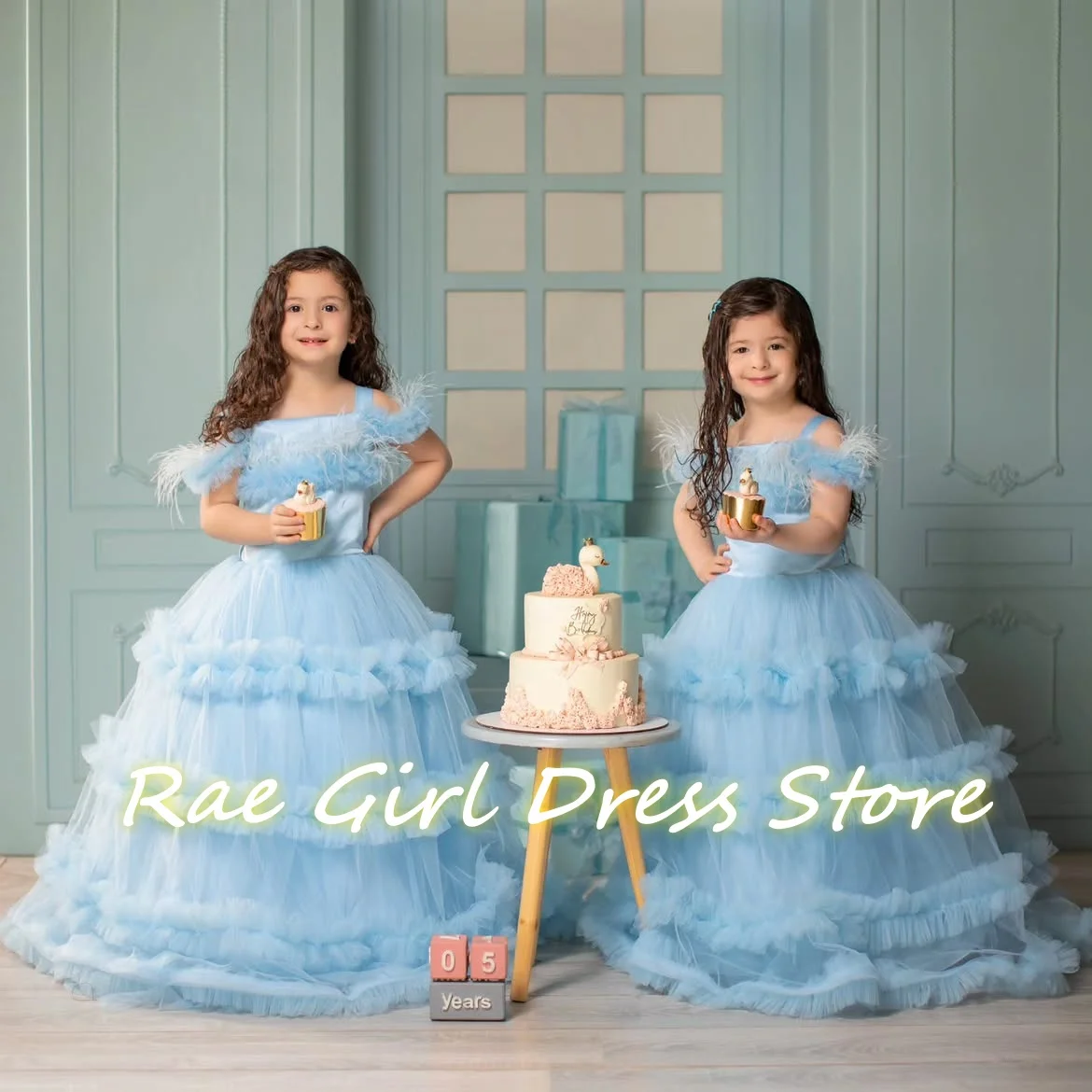 Sage Blue Tulle Matching Flower Girl Dress For 1st Birthday Photoshoot Floor Length Spaghetti Strap Big Bow Multi Layer Ruffle