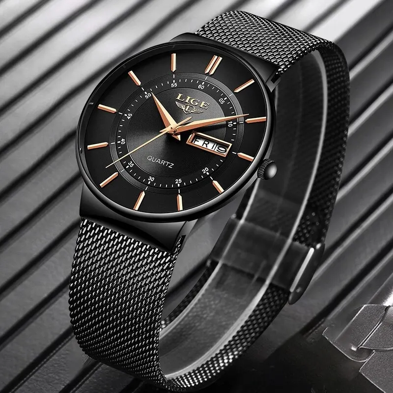 LIGE 2024 orologi da uomo di lusso impermeabile orologio con data Ultra sottile cinturino in acciaio maschile orologio al quarzo Casual da uomo orologio da polso sportivo da uomo