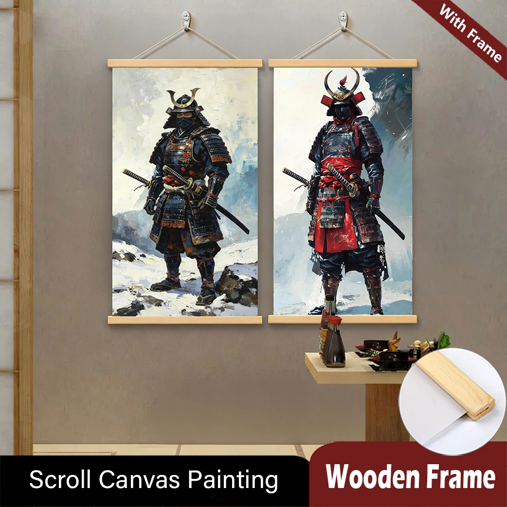 

Japanese Samurai Scroll poster Canvas Poster with Wooden Hanger Wall Art Jujiuya Japanese Restaurant Decor Scroll Painting