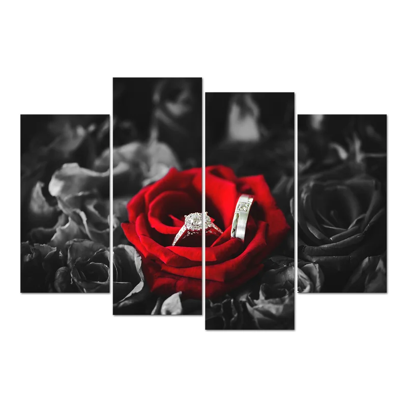 

4 Pieces Ring In Rose Poster Wall Art Romantic Flowers Print Canvas Painting Modern Style Pictures Living Room Home Decor