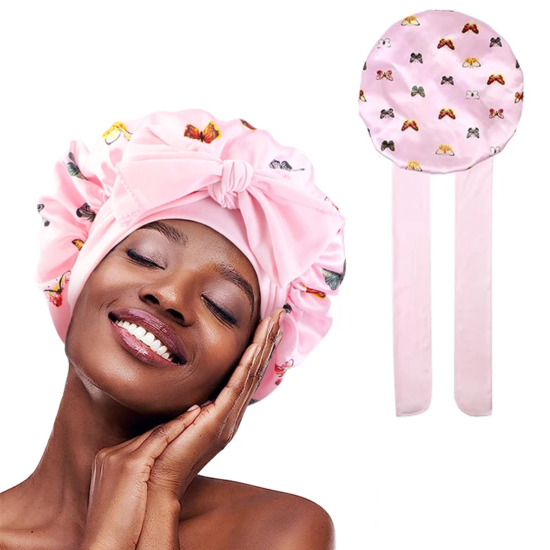 Kids Satin Bonnet Sleep Hat Wide Elastic Band Ribbon Sleeping Cap Boy Girls Flower Printed Silk Shower Cap